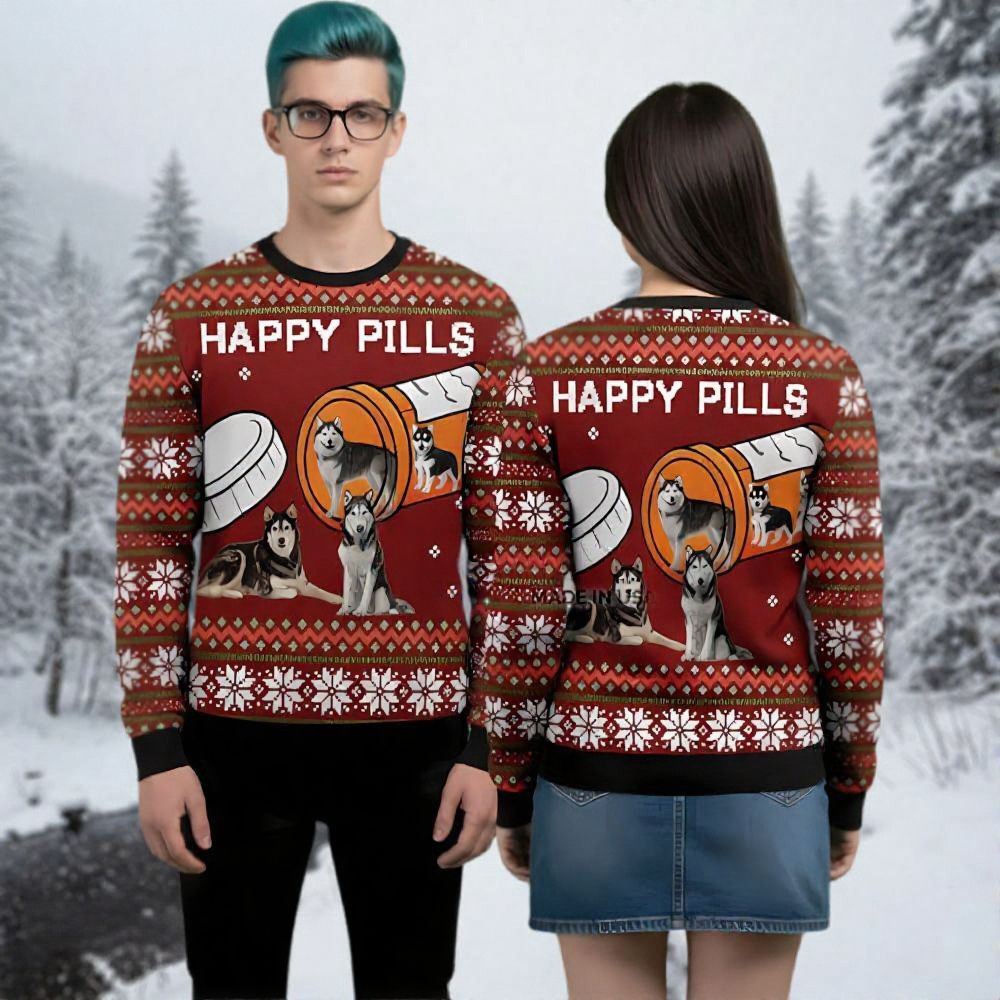 Husky Dogs Ugly Christmas Sweater Happy Pills Animal Themed Holiday Apparel Dog Lover Gifts