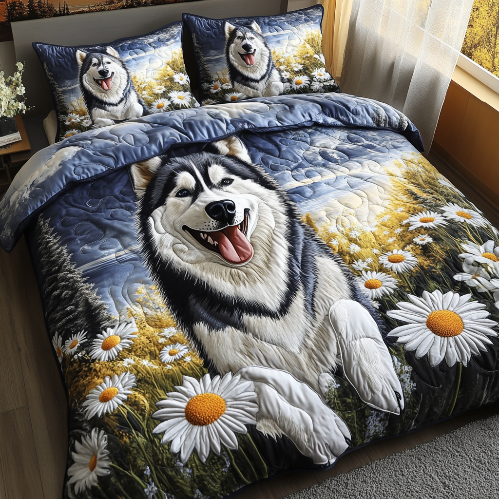 Husky Dreams Quilted Bedding Set Luxury Duvet Cover Set for Elegant Bedroom Decor