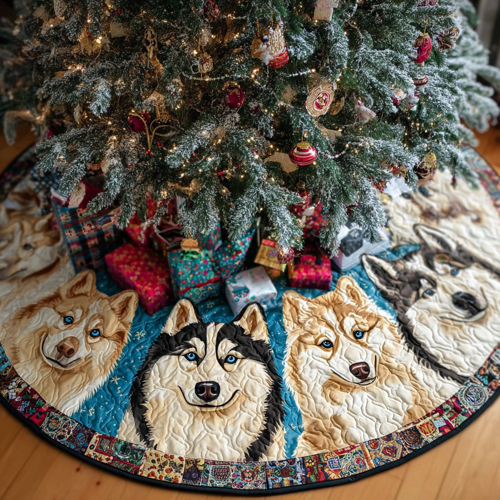 Husky Glow Christmas Quilted Tree Skirt Christmas Decor Xmas Tree Skirt Dog Owner Xmas Presents
