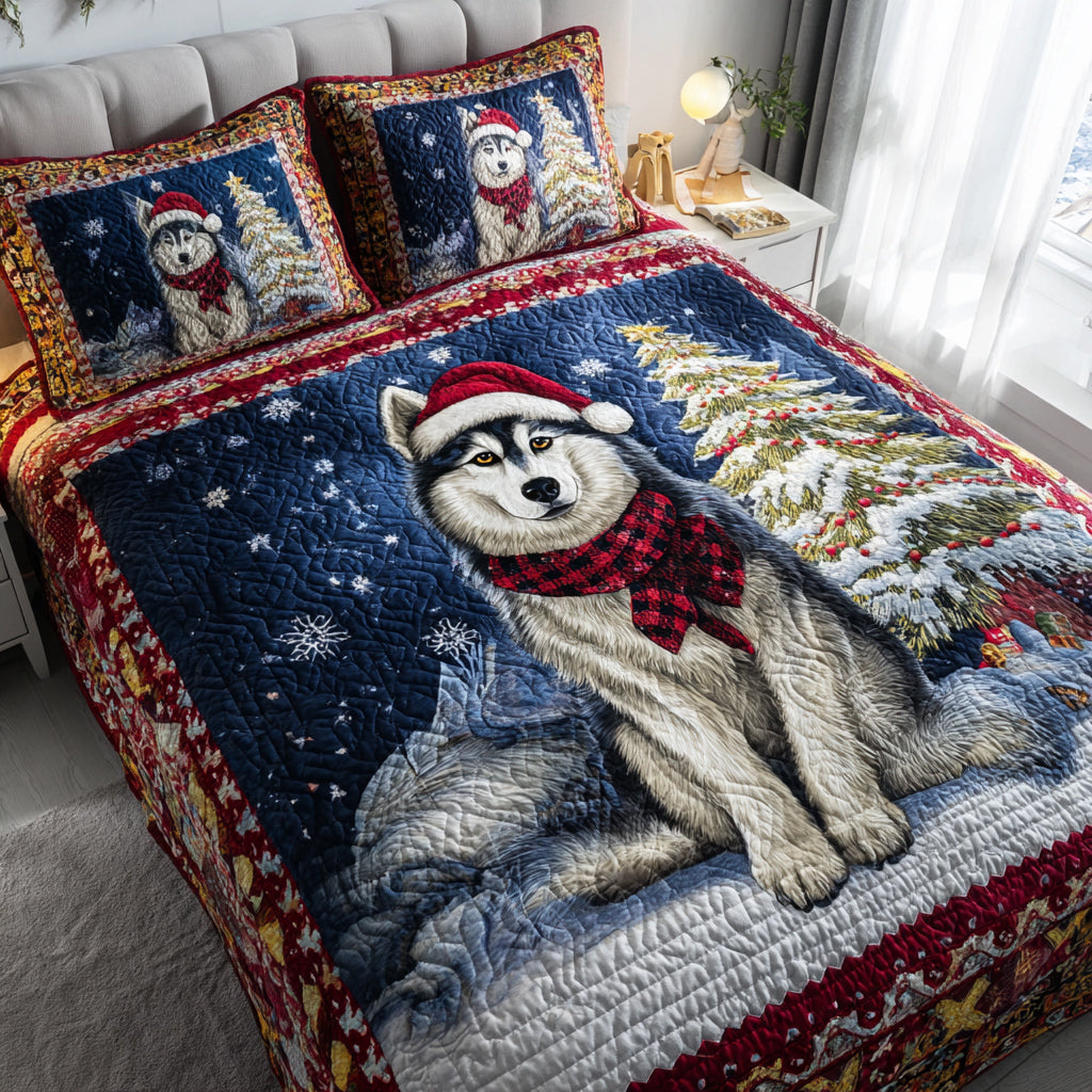 Husky Holiday Joy Quilted Bedding Set Christmas Bed Sheets Best Gifts For Huskies