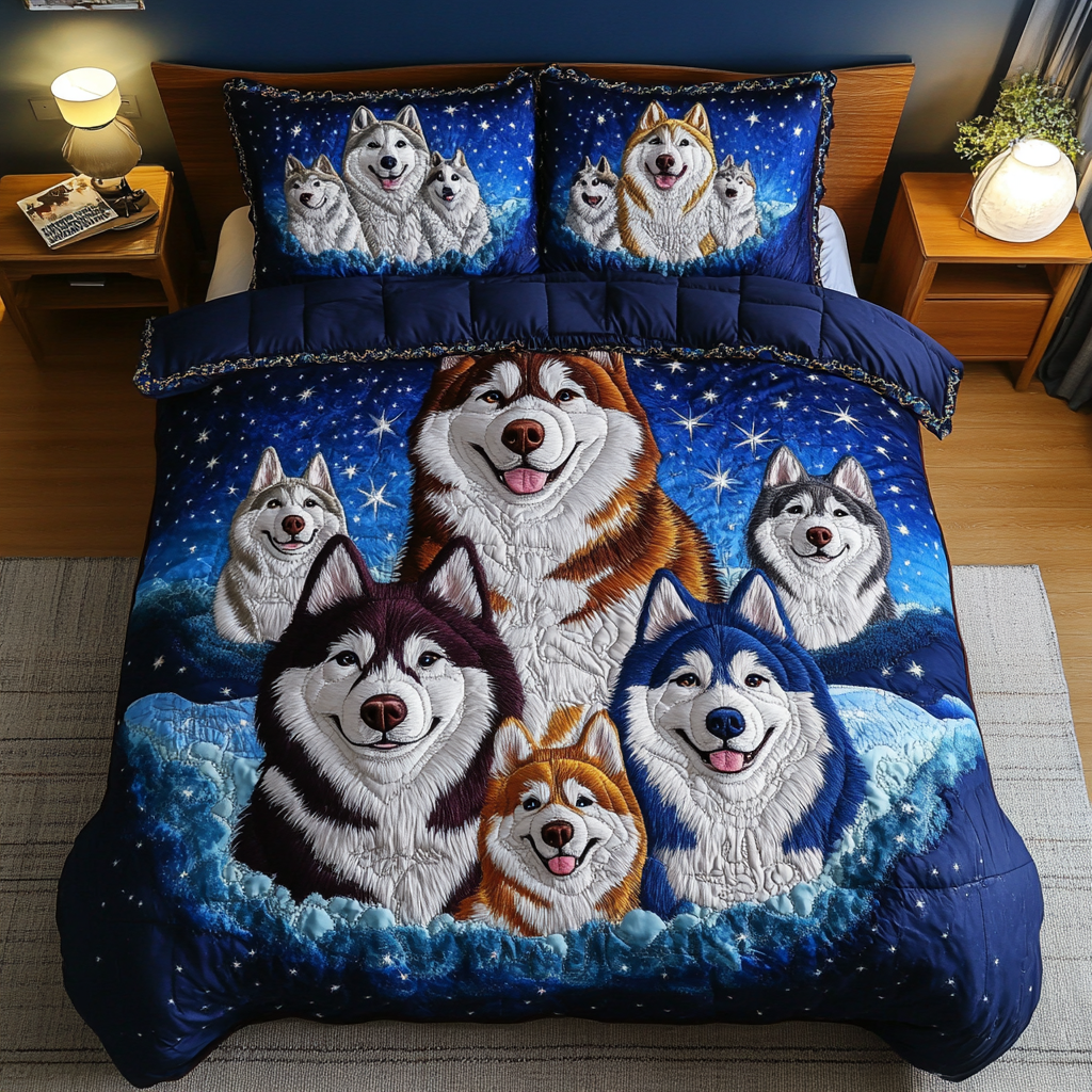 Husky Horizon Quilted Bedding Set Holiday Duvet Cover Set Gifts For Husky Dog Lovers