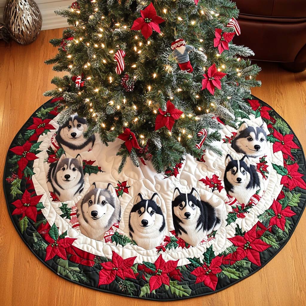 Husky Howl Christmas Quilted Tree Skirt Unique Holiday Gift Merch for Family Homes