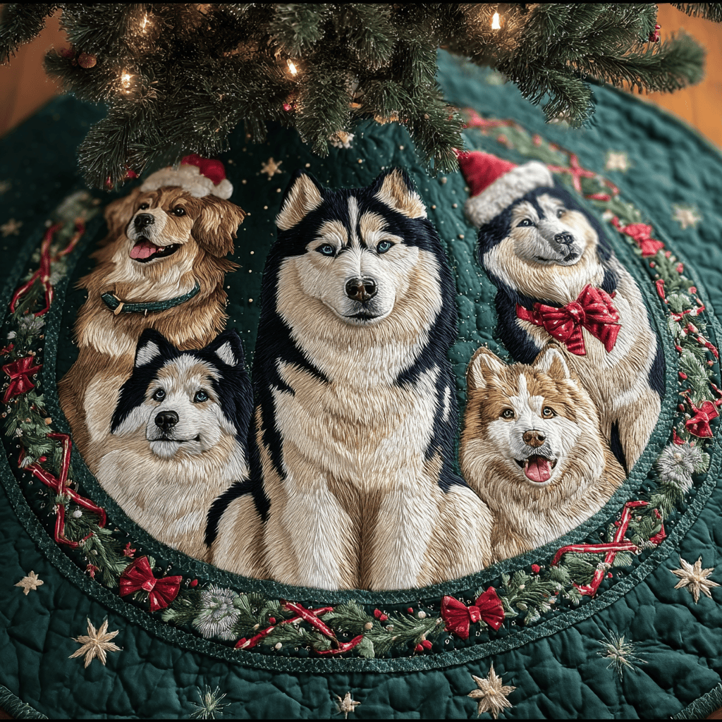 Husky Magic Christmas Quilted Tree Skirt Cozy Vibe Xmas Decor Husky Lover Christmas Gifts