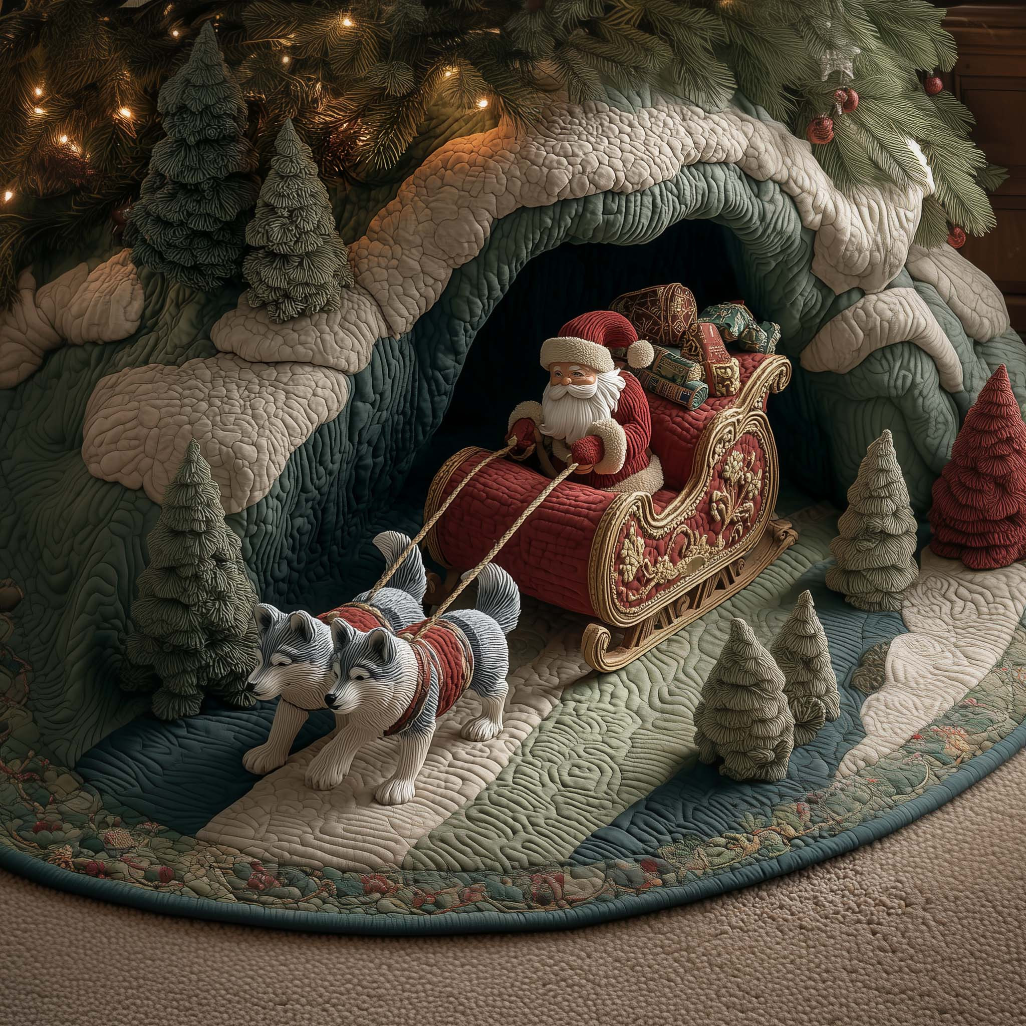 Husky Santa Claus Sleigh Quilted Tree Skirt Xmas Home Decor Christmas Gift Ideas