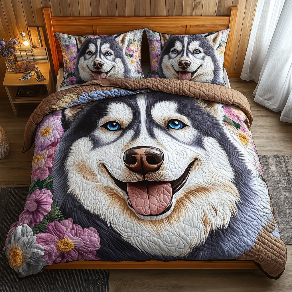 Husky Tracks Quilted Bedding Set Best Bedspread Set Best Gifts For Husky Owners