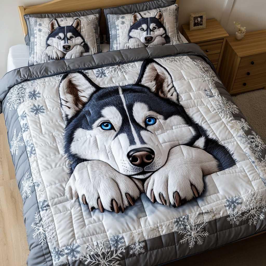 Husky Trail Quilted Bedding Set Cute Bedroom Decor Christmas Gifts For Husky lover
