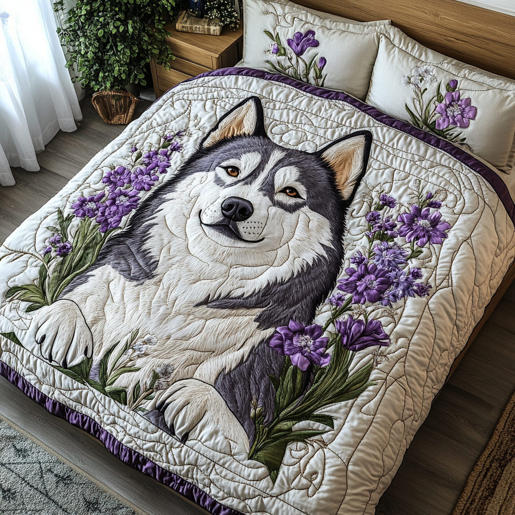 Husky Vibes Quilted Bedding Set Unique Bed Sheet Set Gifts For Husky Lovers
