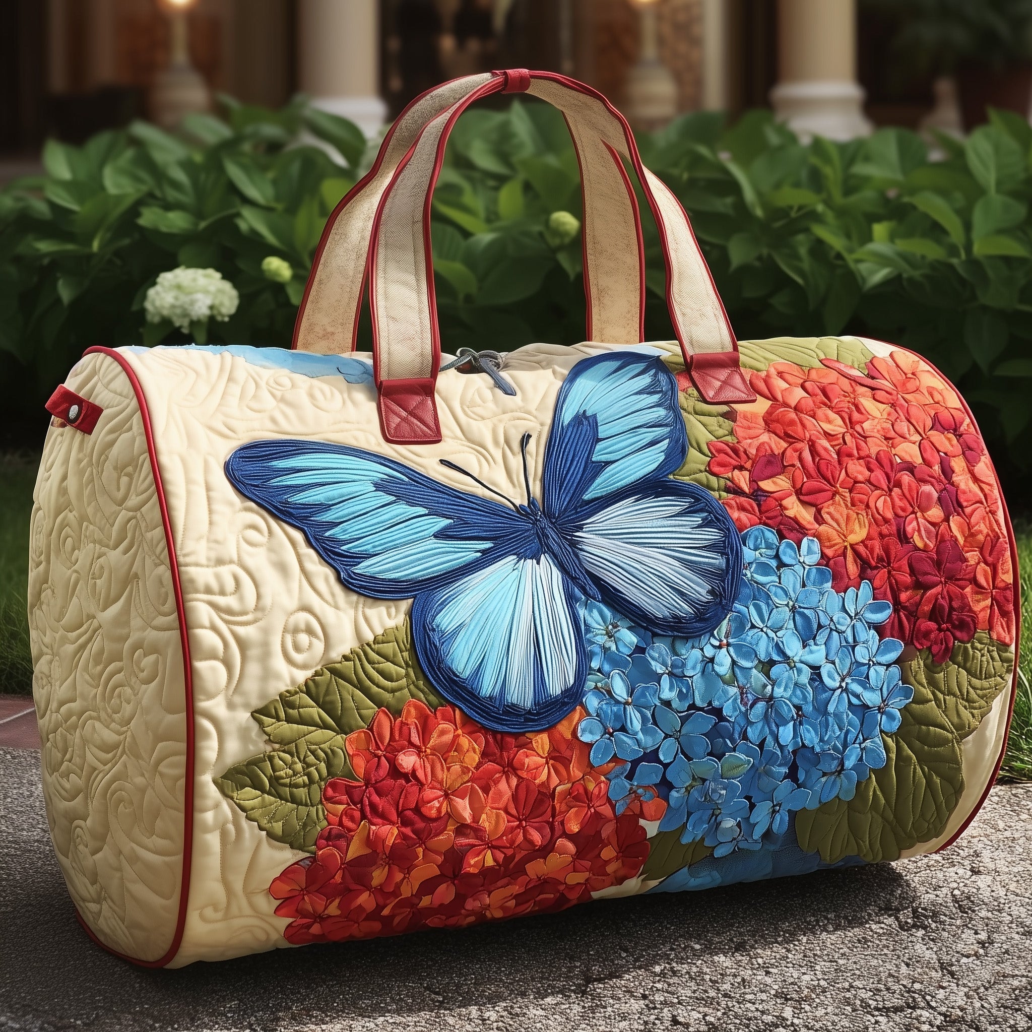 Hydrangea Butterfly Quilted Duffle Bag Travel Friendly Design