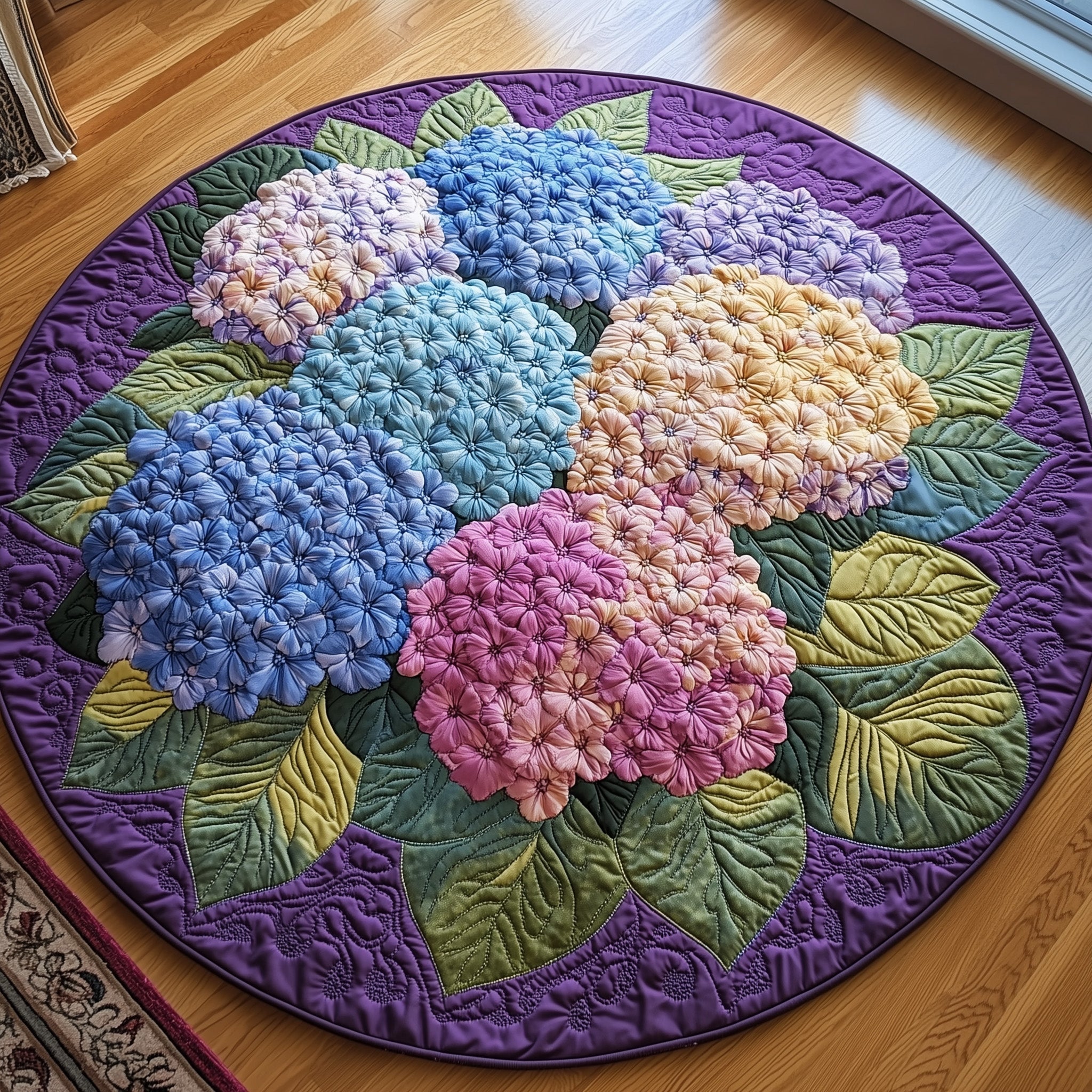 Hydrangea Floral Bliss Quilted Round Mat Eco-Friendly Quilted Round Mat for Sustainable Living
