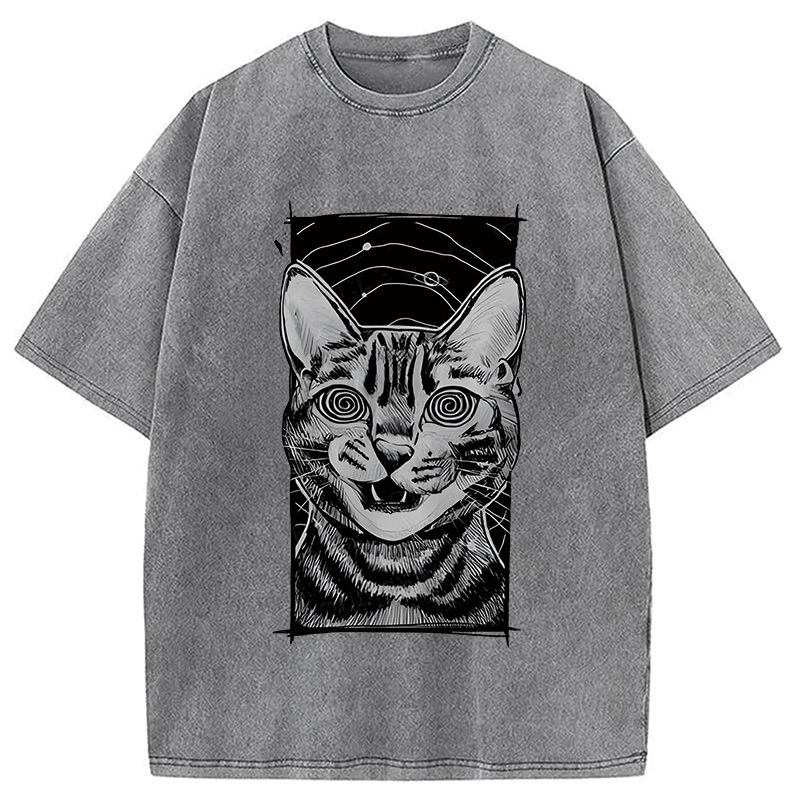Hypnotic Cat Washed T-Shirt Cool Urban Street Style Shirt Gifts For Friends