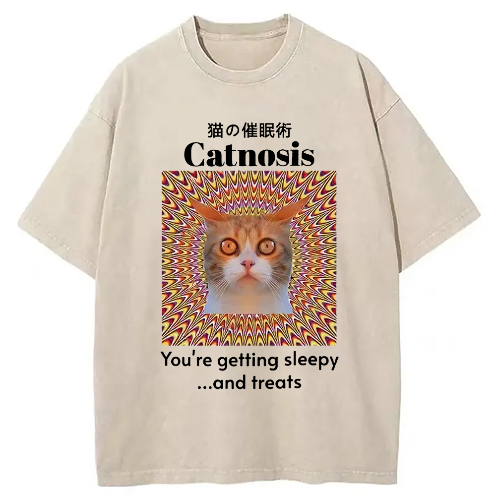 Hypnotist Cat Washed T-Shirt Minimal Retro Graphic Clothing Gifts For Friends