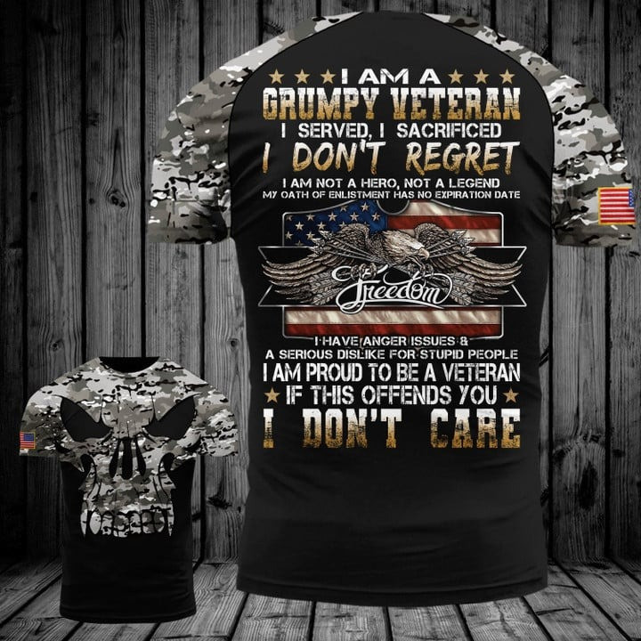 I Am A Grumpy Veteran T-Shirt Camo Flag Skull Patriotic Clothing Gift Ideas For Veterans