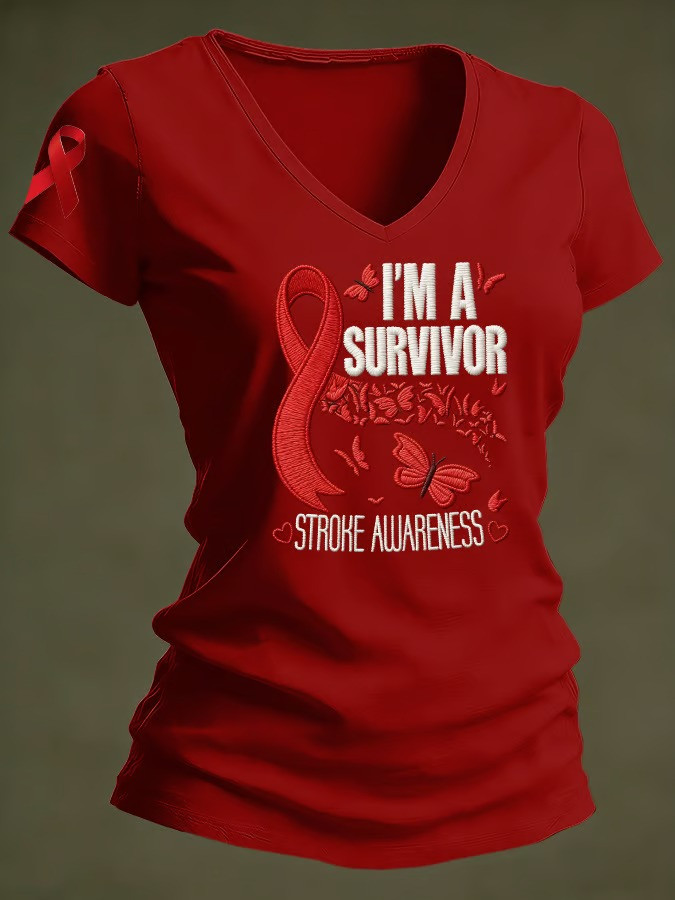 I Am A Survivor Stroke Awareness V-Neck T-Shirt Ribbon Butterfly Support Apparel Gift For Supporters