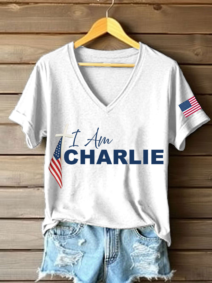 I Am Charlie Print V Neck T Shirt White Charlie Kirk Maga