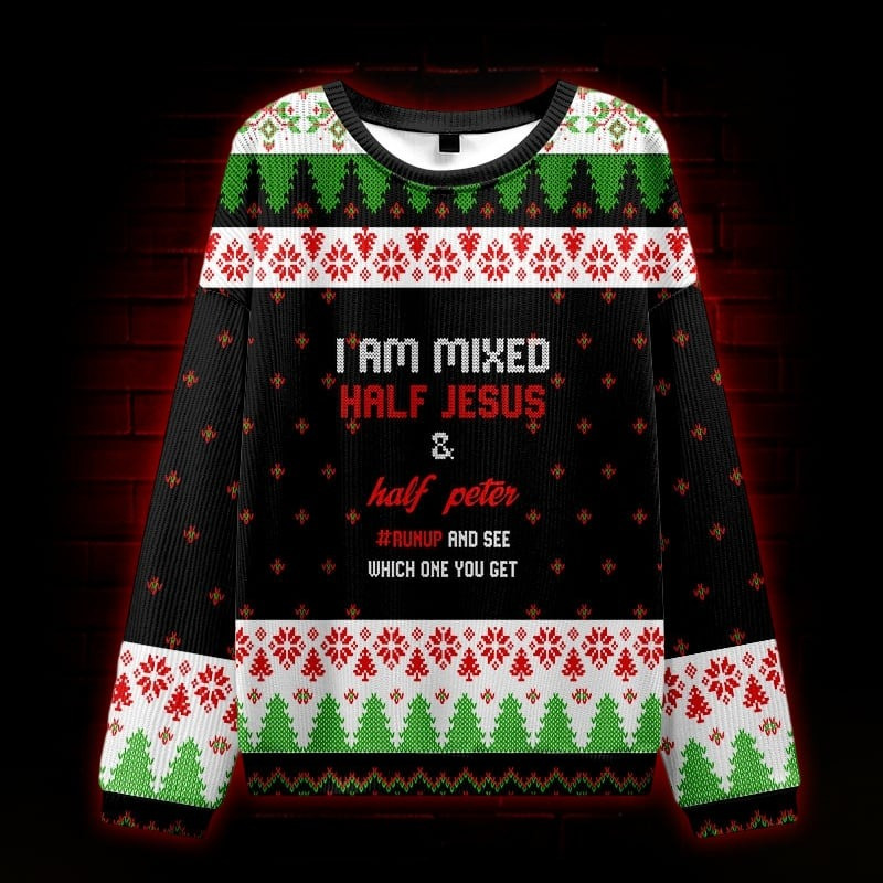 I Am Mixed Half Jesus Ugly Christmas Sweater Funny Jesus Xmas Gifts For Catholic