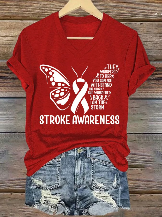 I Am The Storm Stroke Awareness V-Neck T-Shirt Butterfly Ribbon Fighter Apparel Gift For Survivors