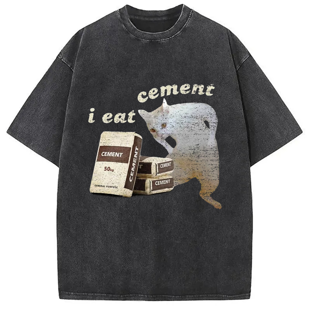 I Eat Cement White Cat Washed T-Shirt Cool Urban Street Style Shirt Gifts For Him