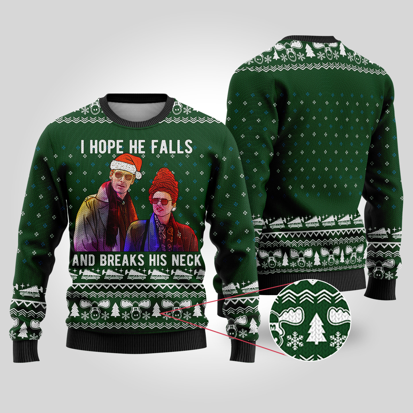 I Hope He Falls National Lampoon Forest Green Christmas Sweater Warm and Comfy Sweater for Winter Days