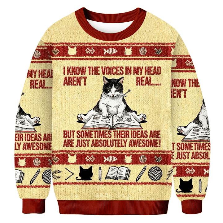 I Know The Voices In My Head Aren't Real Cat Ugly Sweater Holiday Clothing Bookish Gifts
