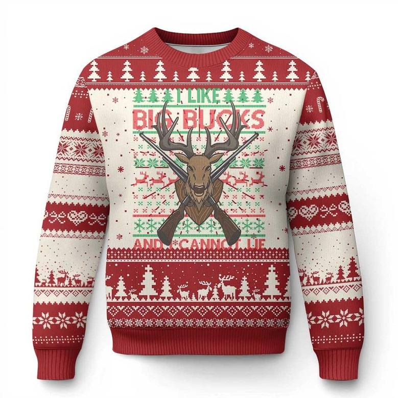 I Like Big Bucks Ugly Holiday Sweater Funny Winter Jumper Hunting Gifts For Him