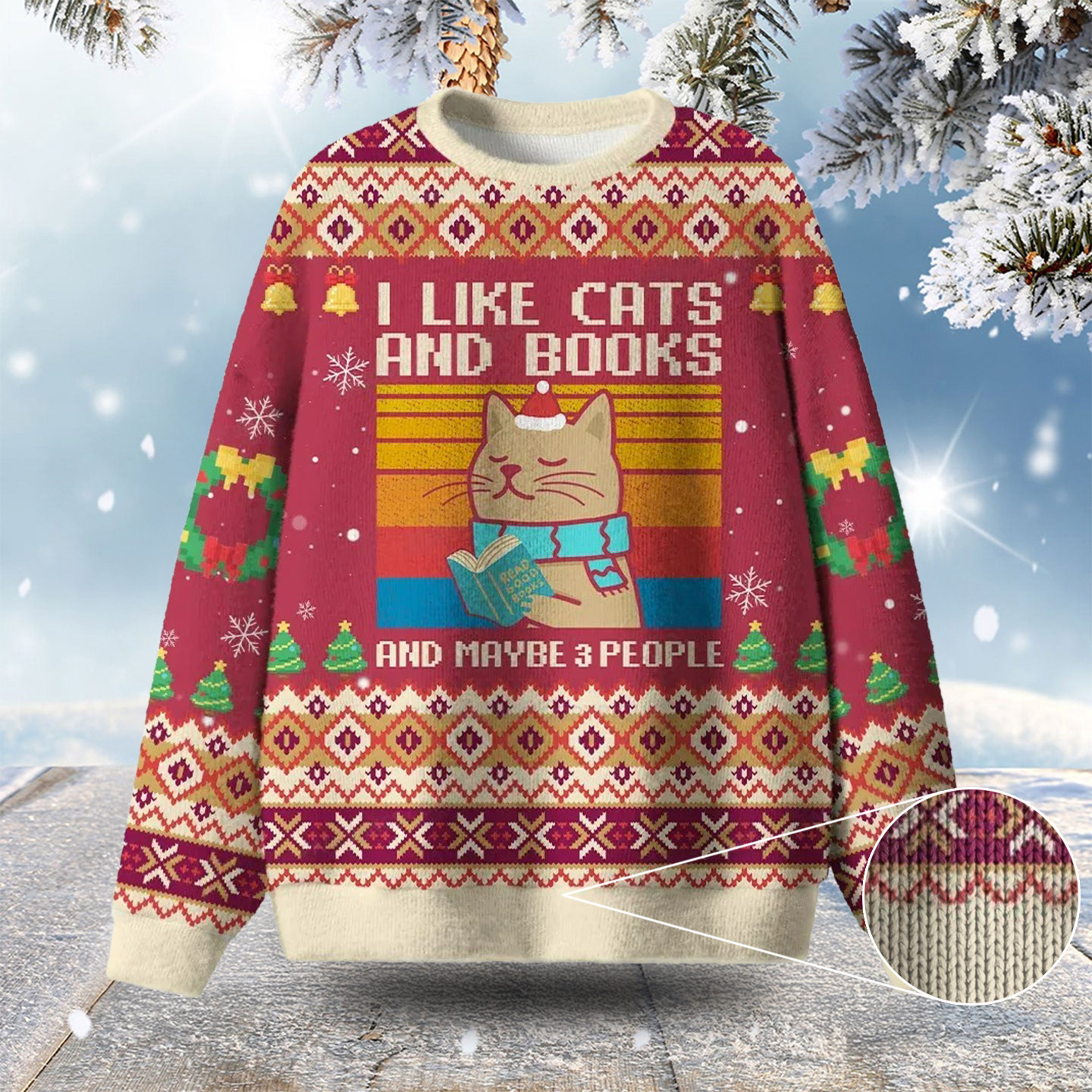 I Like Cats And Books And Maybe 3 People Ugly Christmas Sweater Cat Gifts For Christmas