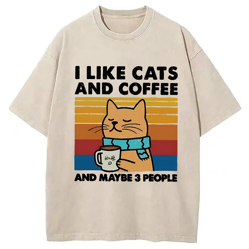 I Like Cats And Coffee Washed T-Shirt Retro Streetwear Graphic Top Gifts For Best Friend