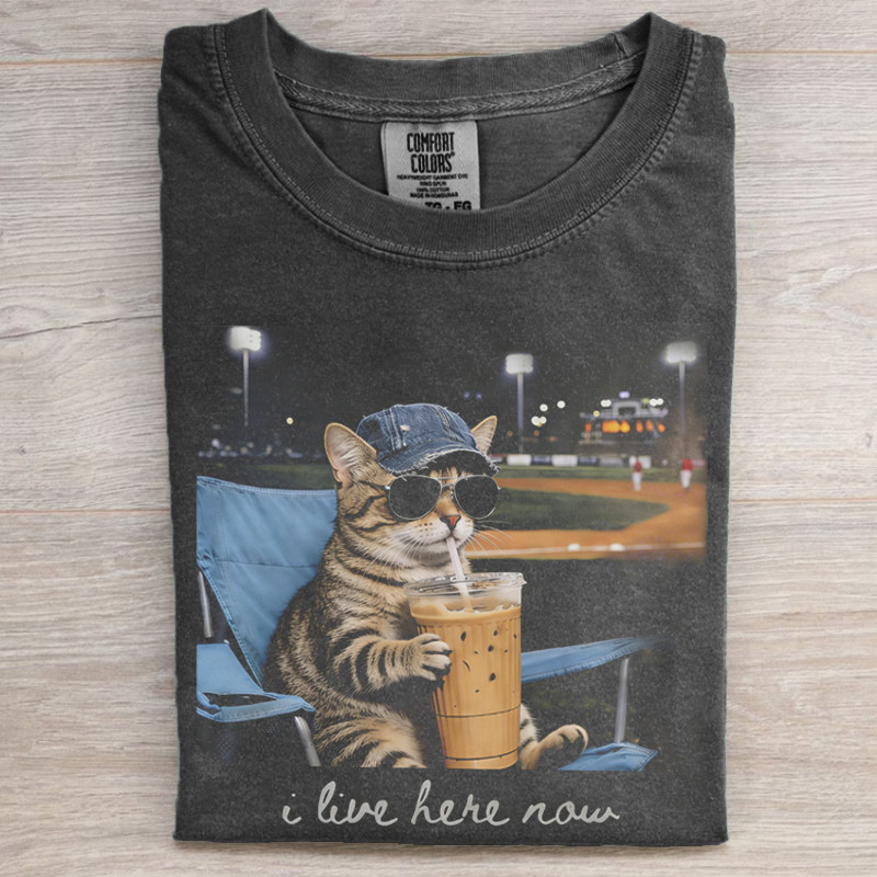 I Live Here Now Meme Cat T-Shirt Funny Baseball Stadium Cat Clothing Gift For Cat Lovers