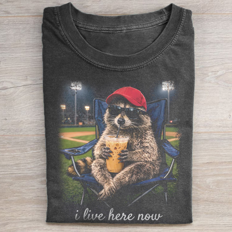 I Live Here Now Raccoon T-Shirt Funny Baseball Raccoon Clothing Stadium Animal Baseball Gift