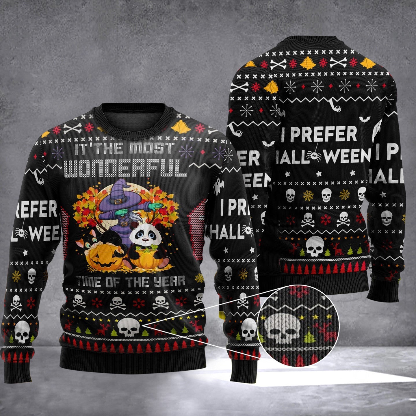 I Prefer Halloween Christmas Sweater Cute Panda It's The Most Wonderful Time Of The Year