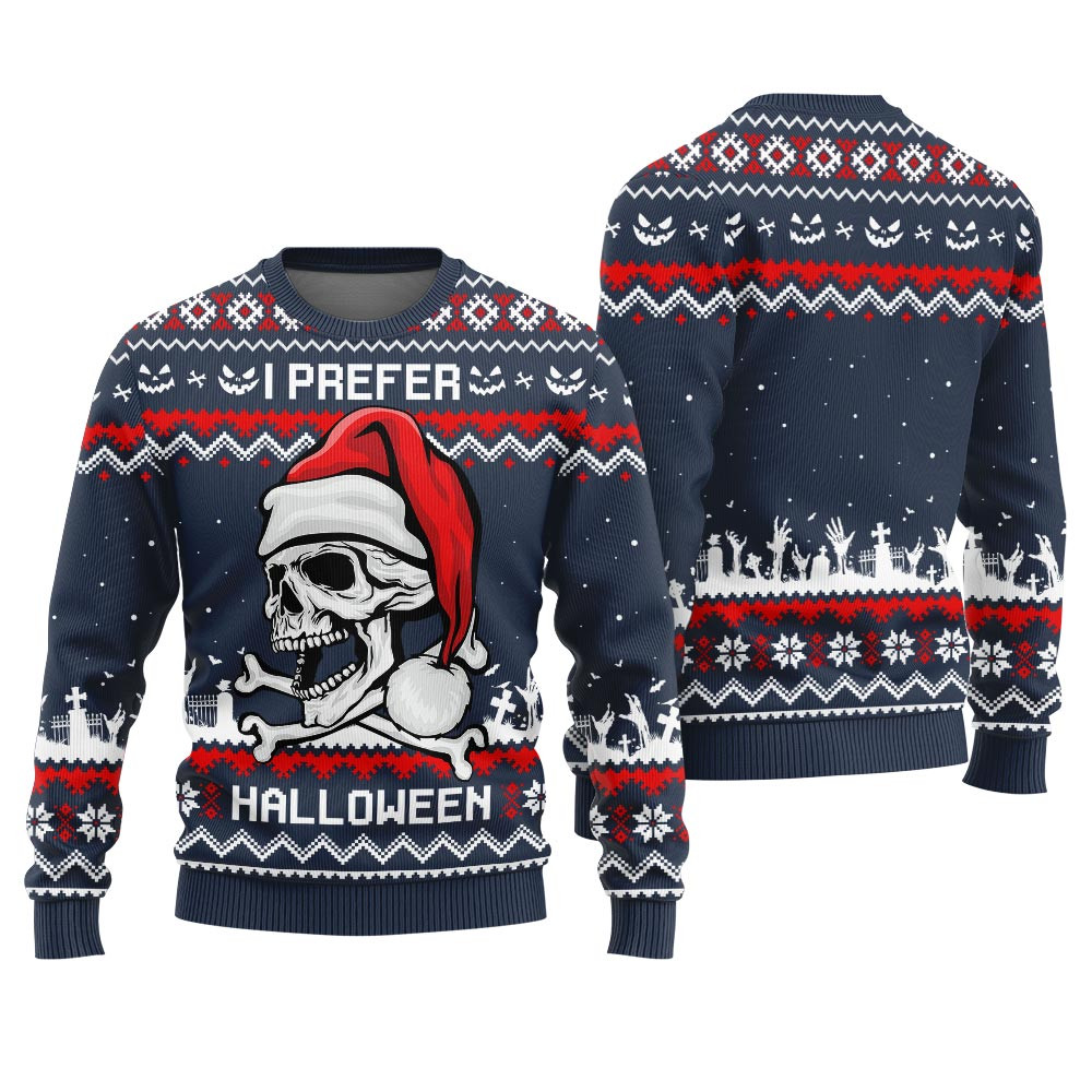 I Prefer Halloween Ugly Holiday Sweater Navy Lovely Merch Gift for Cozy Winter Nights