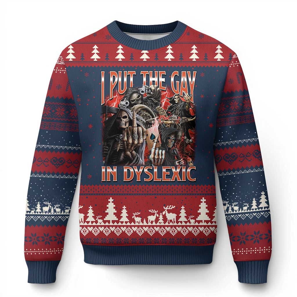 I Put The Gay In Dyslexic Ugly Christmas Sweater Hard Skeleton Meme Gift For Him