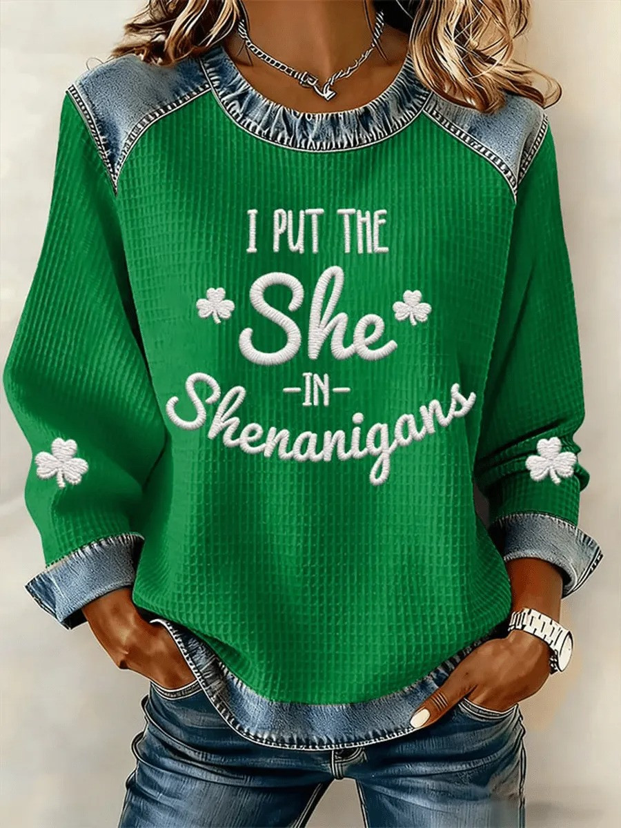 I Put The She In Shenanigans Long Sleeve Shirt St Patricks Day Outfit Funny Shamrock Clothing Gift For Her