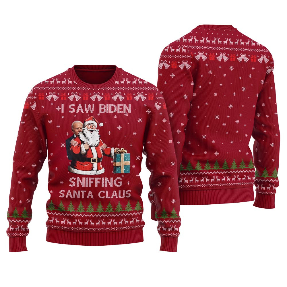 I Saw Biden Sniffing Santa Claus Christmas Mens Ugly Sweater Classic Holiday Sweater for Festive Looks