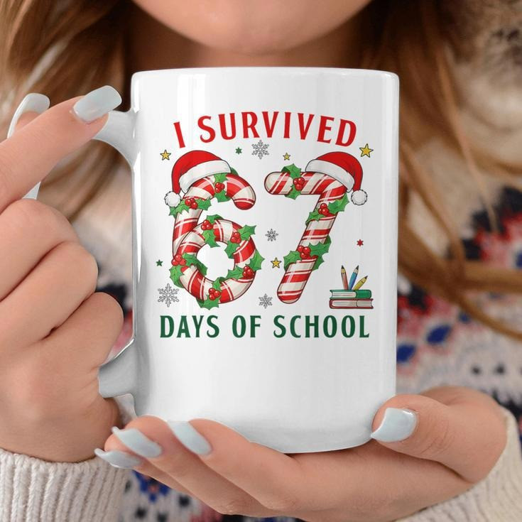 I Survived 67 Days Of School Christmas Mug Candy Cane Six Seven Cute Merch Xmas Gifts