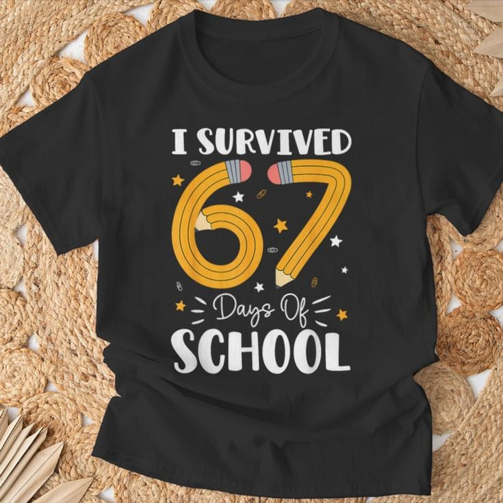 I Survived 67 Days Of School T-Shirt Cute Pencil Graphic Classroom Merch Humor Gifts