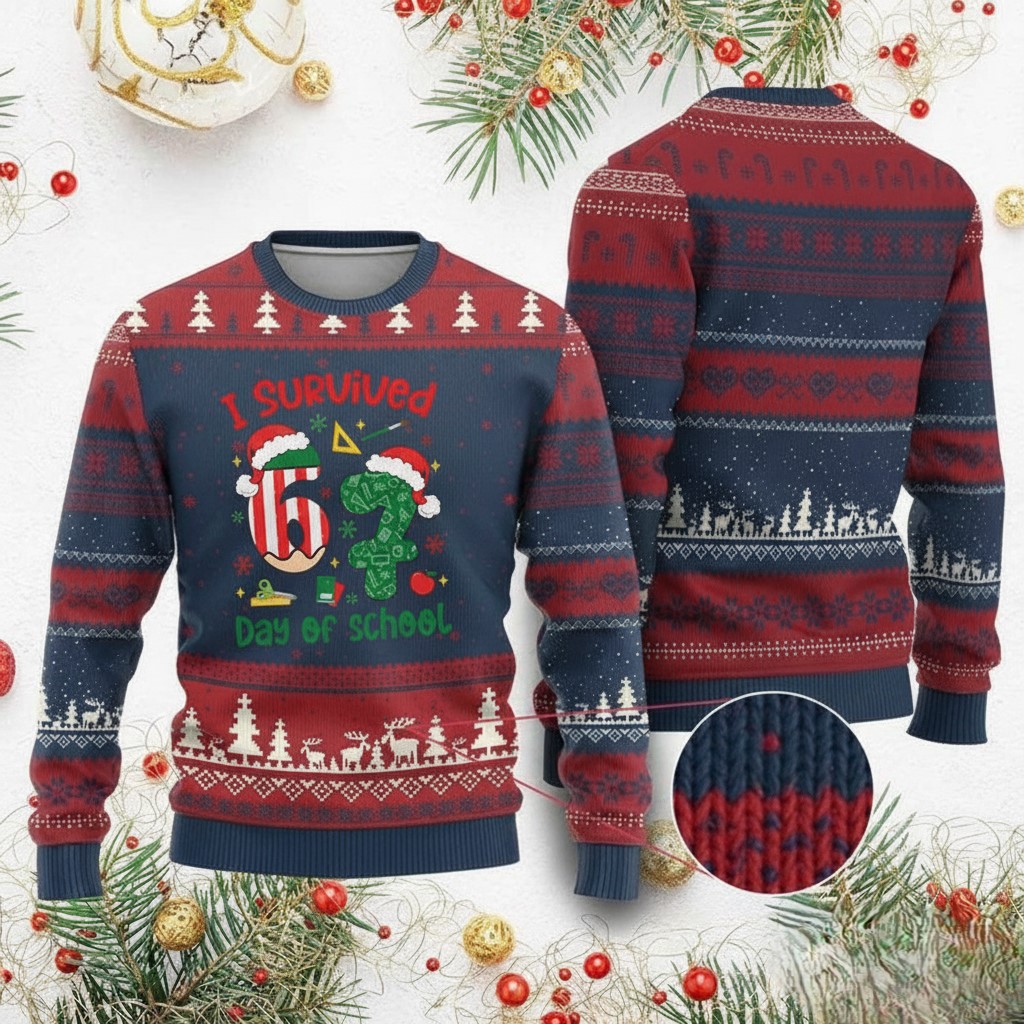 I Survived 67 Days Of School Ugly Holiday Sweater Funny Teacher Student Tee Gifts For Xmas