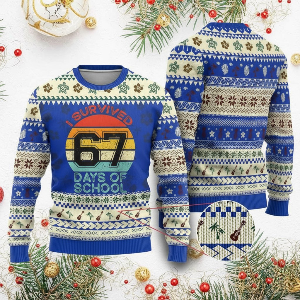 I Survived 67 Days Ugly Holiday Sweater Sunset Graphic Trendy Student Clothes Xmas Gifts