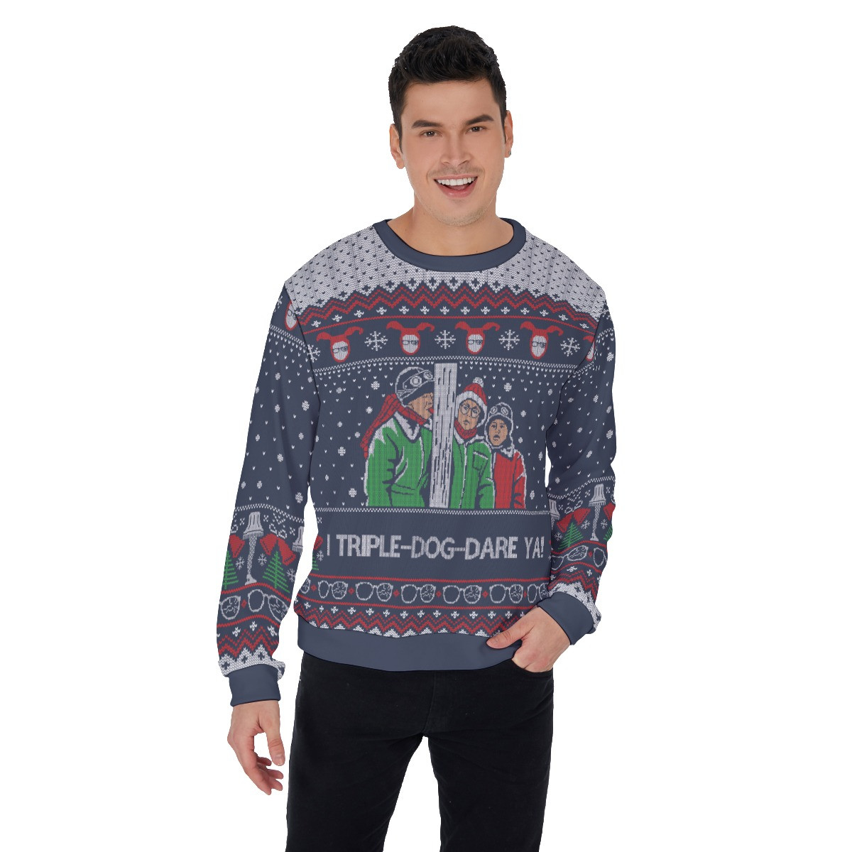 I Triple Dog Dare You A Christmas Story Ugly Sweater Navy Cute Holiday Sweatshirt to Spread Joy