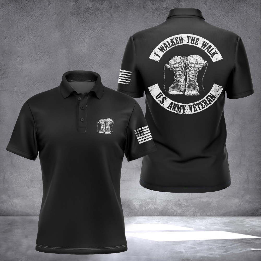 I Walked The Walk US Army Veteran Polo Shirt Proud Veterans Patriotic Golf Polos Gifts For Dad