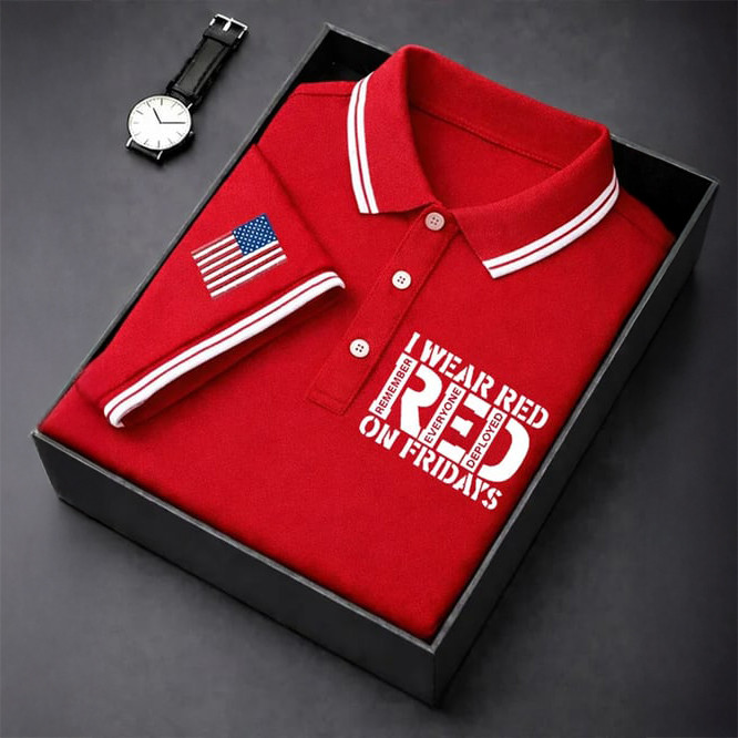 I Wear Red On Fridays Polo Shirt American Flag Remember Everyone Deployed Shirt Memorial Day Gift