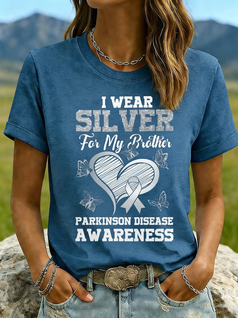 I Wear Silver For My Brother Parkinson Disease Awareness T-Shirt Butterfly Heart Ribbon Gift Ideas