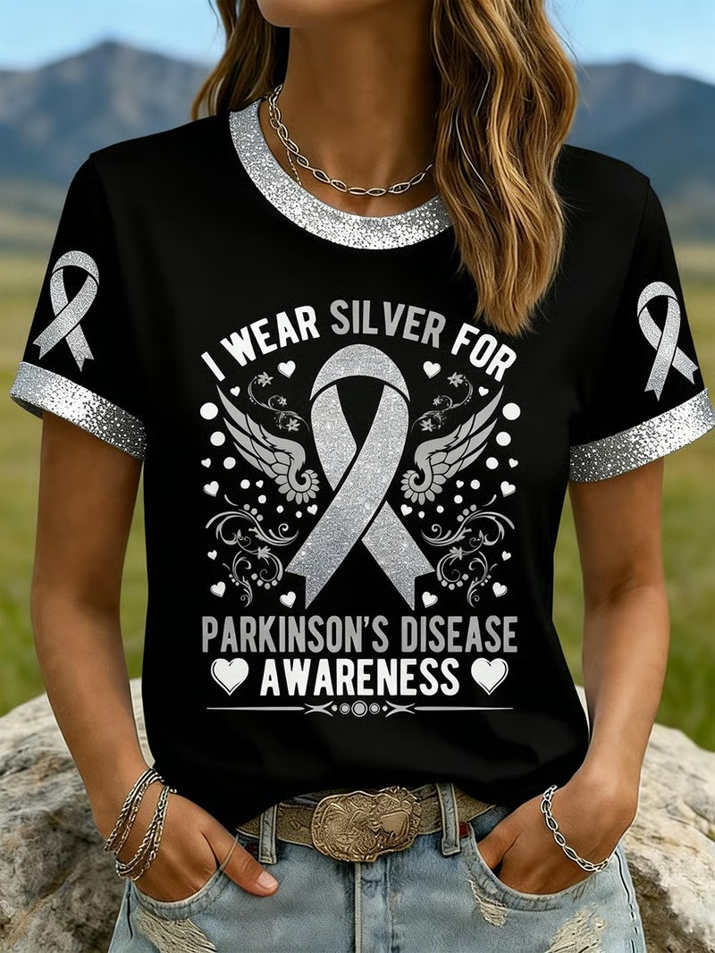 I Wear Silver For Parkinson Disease Awareness T-Shirt Winged Ribbon Heart Design Gift For Family