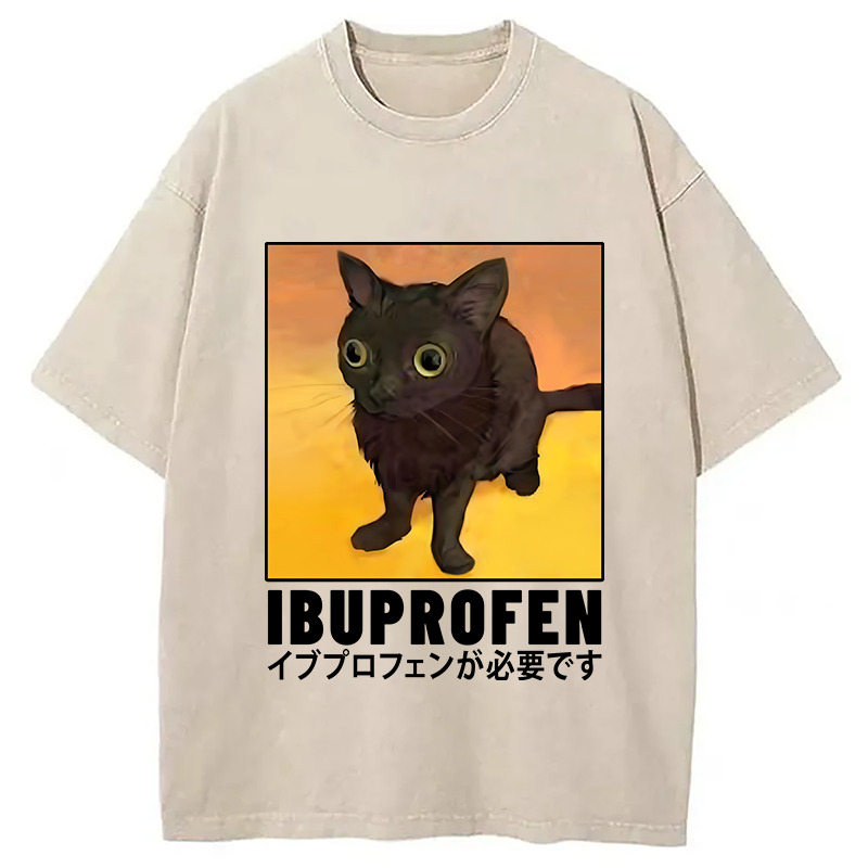 Ibuprofen Black Cat Washed T-Shirt Trendy Everyday Casual Outfit Gifts For Friends