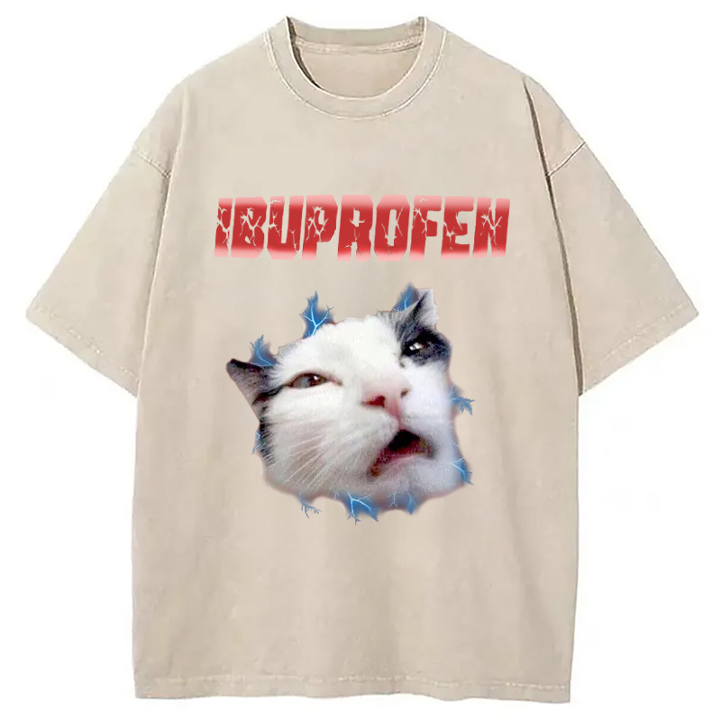 Ibuprofen Cat Meme Washed T-Shirt Cool Urban Street Style Shirt Gifts For Sister