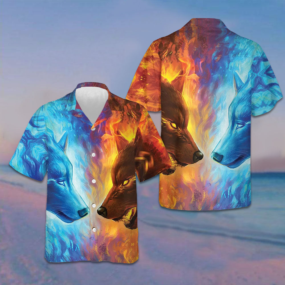 Ice And Fire Wolf Hawaiian Shirt Men's Short Sleeve Button Down Beach Shirts Gifts For Dude