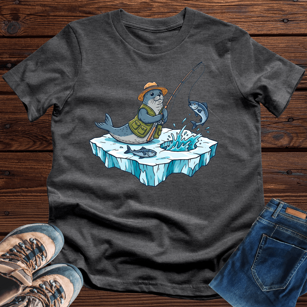 Ice Fisher Seal T-Shirt Funny Sea Seal Cartoon Meme Shirt Unique Fishing Apparel Gifts