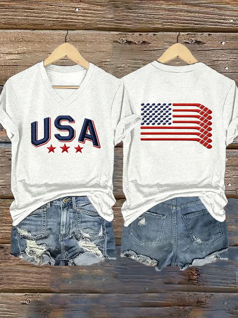 ICE Hockey USA V-Neck Shirt Hockey Flag American Flag Fan Gear Best Gift For Ice Hockey Fans