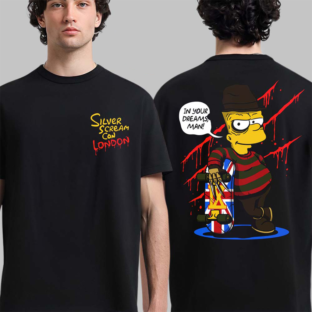 Ice Nine Kills Silver Scream Con London 2025 Bart As Freddy Krueger Skateboarder Union Jack T-Shirt Ice Nine Kills Silver Scream Con London 2025 Bart As Freddy Krueger Skateboarder Union Jack T-Shirt
