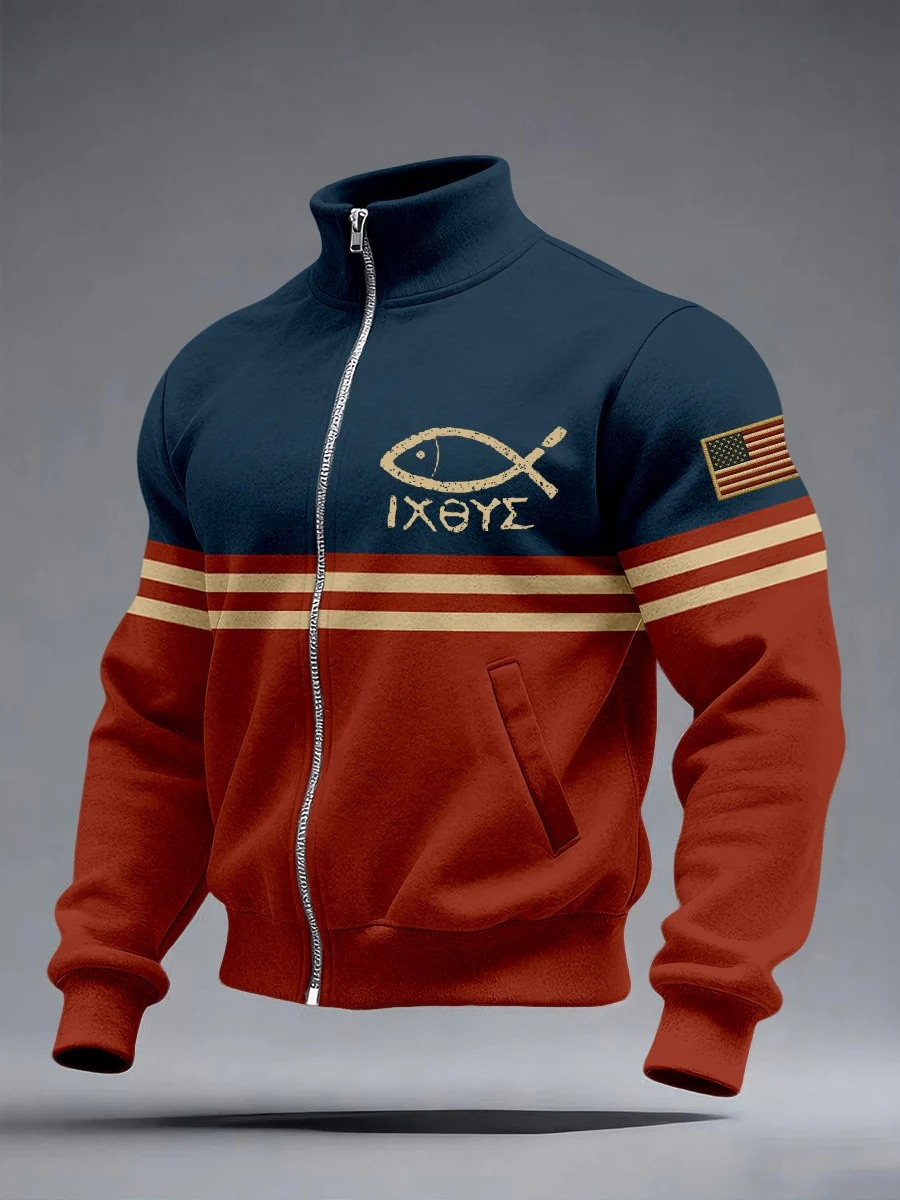 Ichthus Christian Fish Symbol Zip Jacket Men Patriot Faith Apparel Jesus Shirts Gift Ideas