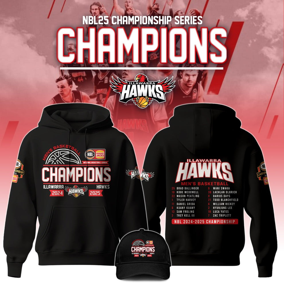 Illawarra Hawks NBL Champions 2025 Hoodie Hat Men's Basketball Championship Fan Merch Gear